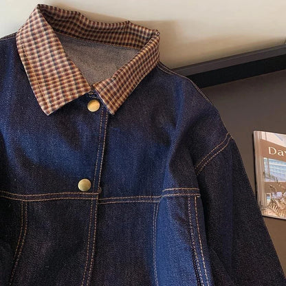 Women Vintage Denim Coat Fall Winter Plaid Patchwork Button Long Sleeve Jacket Loose Casual Simple Retro Streetwear New Jackets