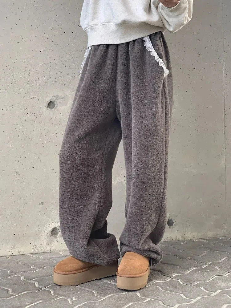 Winter Thick Women Pants Vintage Lace Patchwork Warm Casual Wide Leg Trouser Female Harajuku All Match Straight Sweatpants New