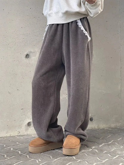 Winter Thick Women Pants Vintage Lace Patchwork Warm Casual Wide Leg Trouser Female Harajuku All Match Straight Sweatpants New