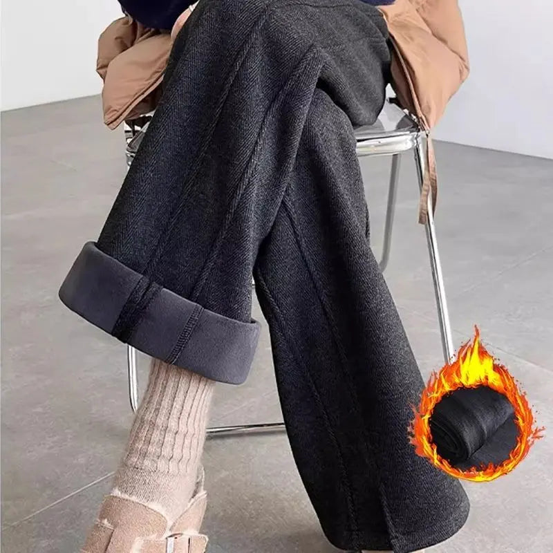 Herringbone Plus Velvet Wide-leg for Women New Style Woolen Slit Thickened Pants Straight and Casual Large Size