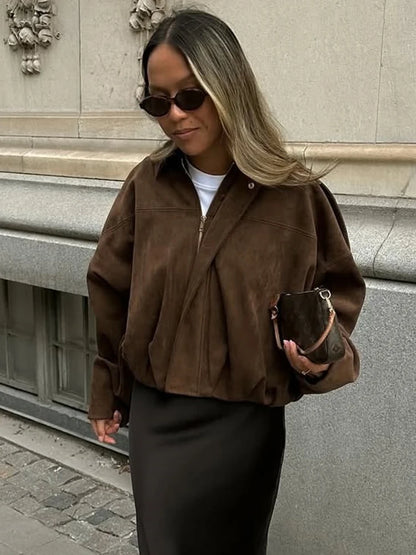 Vintage Brown Suede Jacket Women Fall Winter Casual Loose Bomber Coat Fashion Zipper Long Sleeve Cardigan Commuting Outerwear