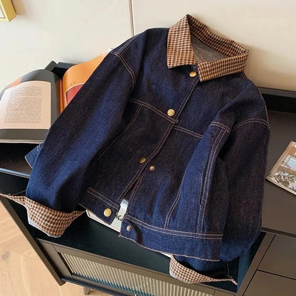 Women Vintage Denim Coat Fall Winter Plaid Patchwork Button Long Sleeve Jacket Loose Casual Simple Retro Streetwear New Jackets