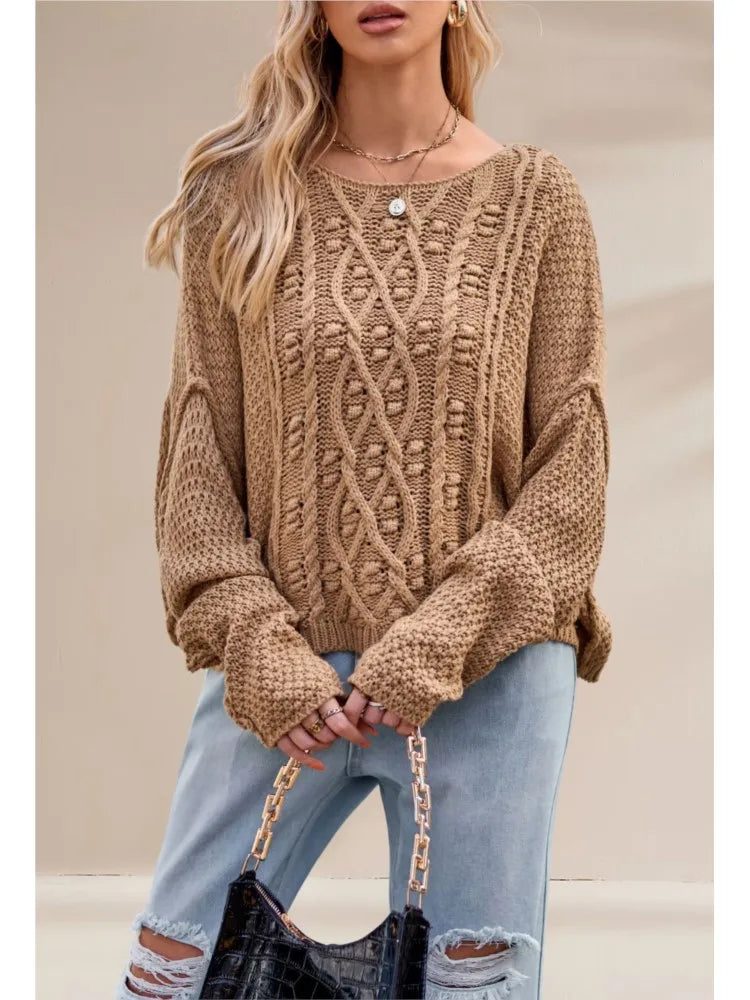 New Autumn And Winter Casual Long-sleeved Sweater Women's Round-neck Twisted Rope Hemp Loose Solid Color Pullover Knitted Top