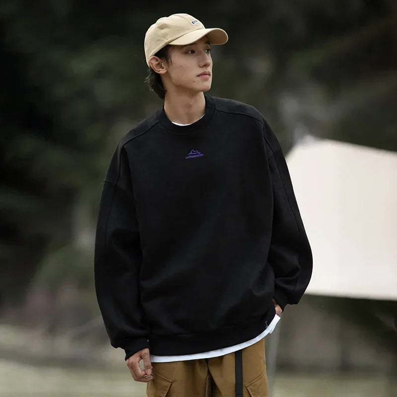 Autumn Winter Suede Sweatshirt Men SLong Sleeved Solid Color O Neck Retro Baggy Pullovers Fashion Couple Outfits