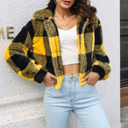 Winter Women's Checkered Polo Collar Button Long Sleeve Lantern Sleeve Cardigan Coat Fashion Vintage Casual Commuter Tops