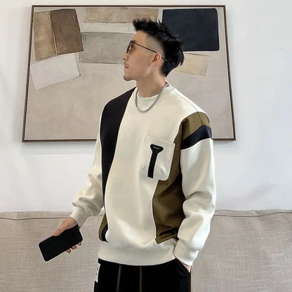 Spring Autumn New Fashion Solid Color Patchwork Hoodies Casual Loose Pullovers Korean Round Neck Long Sleeve Chaopai Sweatshirts