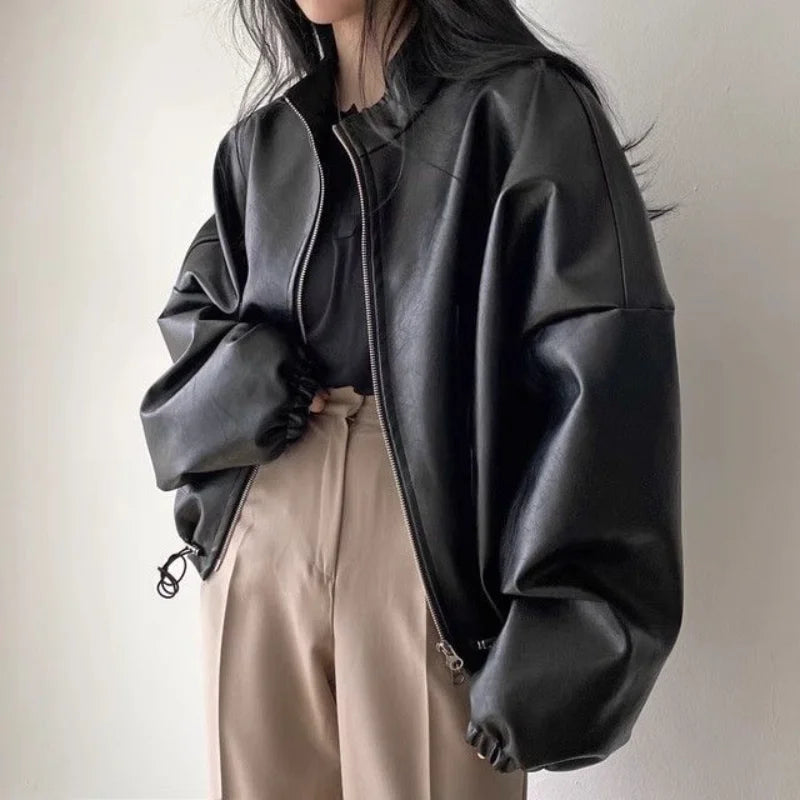 American Trend Commuting Retro Versatile Spring Autumn New Casual Zipper Pocket Loose Women's Leather Jacket