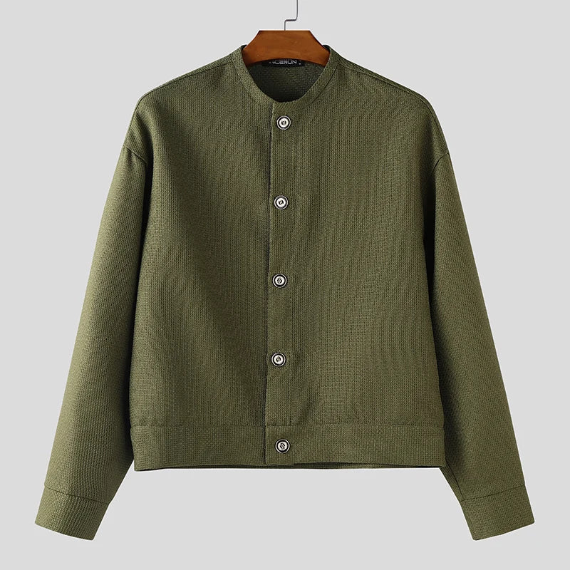 Men Jackets Solid Color O-neck Long Sleeve Button Thin Coats Men Streetwear Outerwear 2025 Fashion Casual Male Jackets