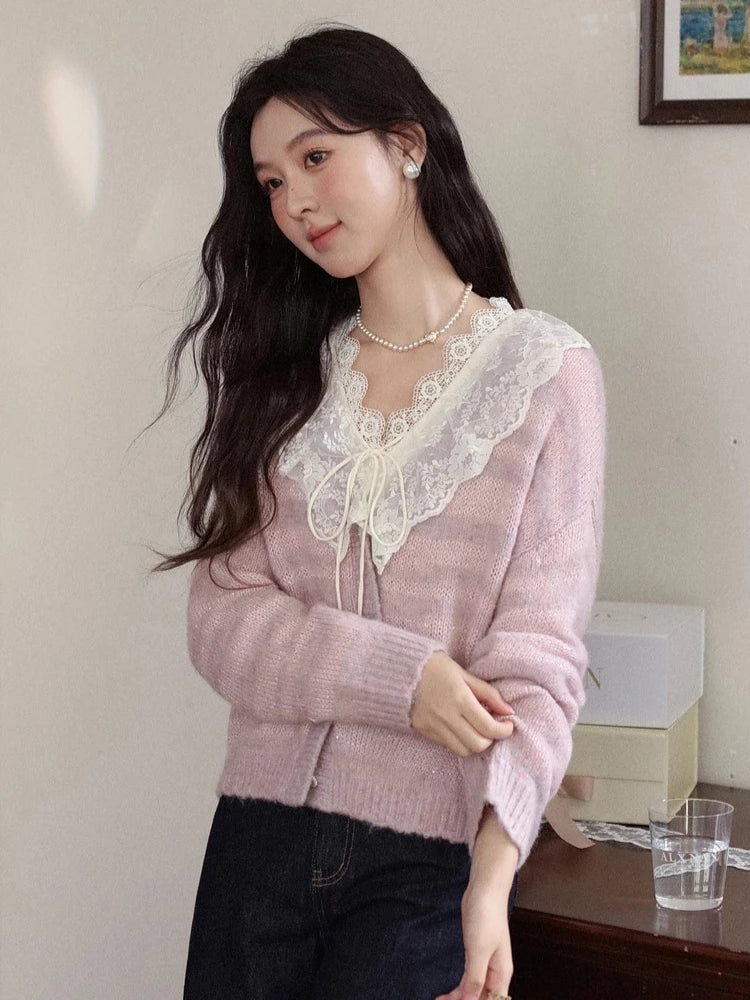 ALXNAN Women's Cardigans French Striped Patchwork V-neck Buttoned Placket Knitted Sweaters Autumn Sweet Casual Knitwear L58617