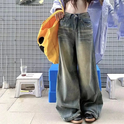 Spring Autumn Vintage Chicly Button Jeans Women American Simple Baggy High Waisted Denim Pants Washed Y2K Wide Leg Jean Trousers