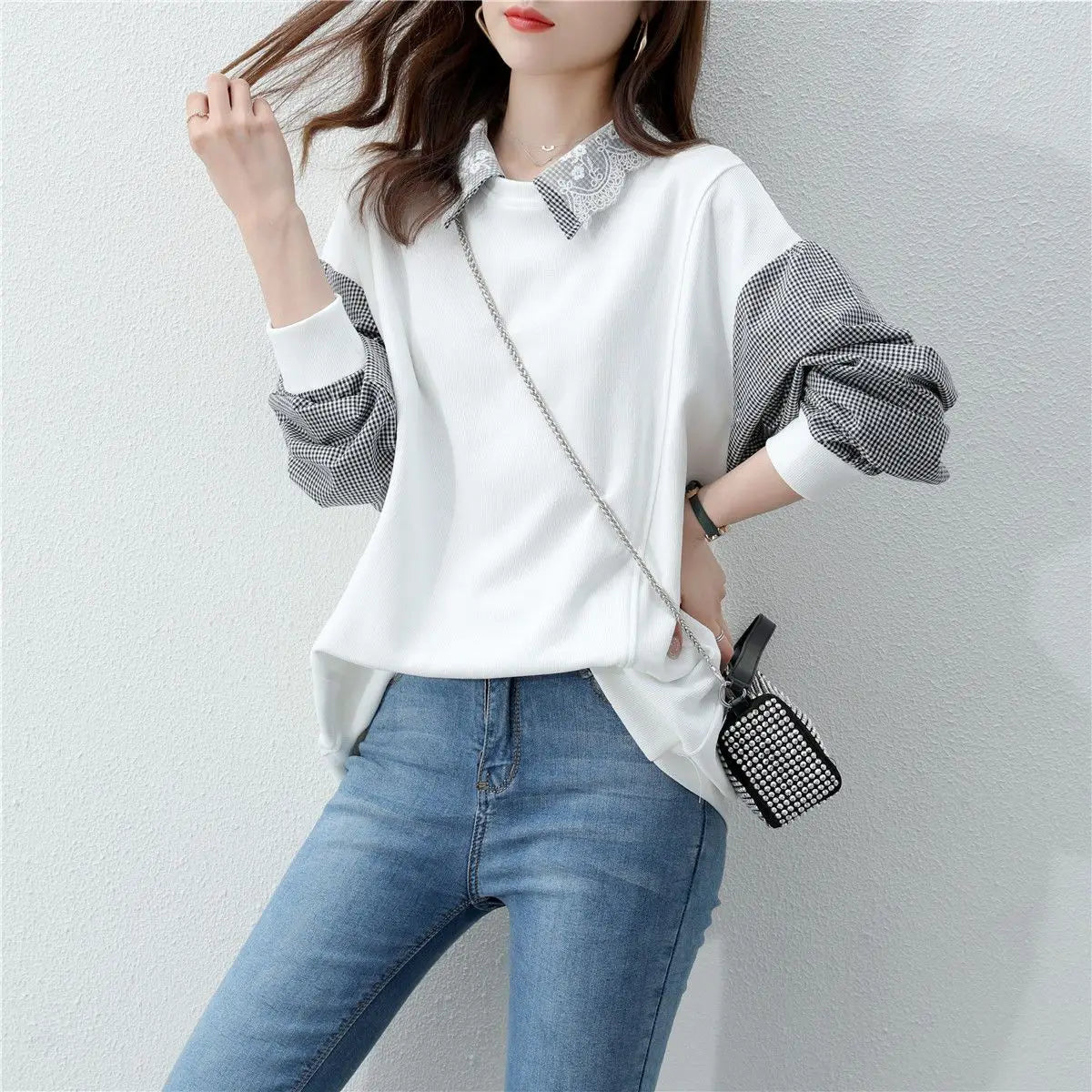 2025 Autumn New Women's Splicing Collar Hoodie Trendy Ins Loose Korean Spring and Autumn Thin Edition Outerwear Top Trendy