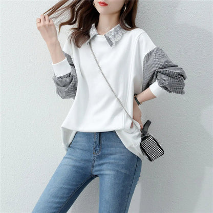 2025 Autumn New Women's Splicing Collar Hoodie Trendy Ins Loose Korean Spring and Autumn Thin Edition Outerwear Top Trendy