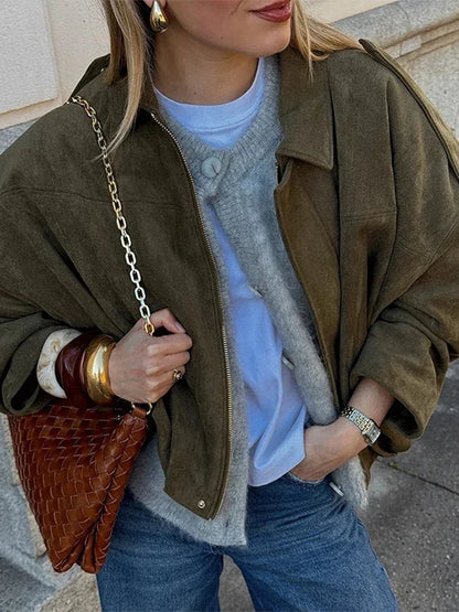 Vintage Brown Suede Jacket Women Fall Winter Casual Loose Bomber Coat Fashion Zipper Long Sleeve Cardigan Commuting Outerwear