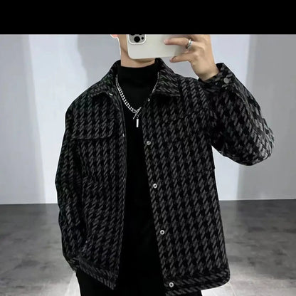 Square Collar Jacket Men's Casual Versatile Thousand Bird Plaid Jacket Korean Version Handsome Men's Jacket