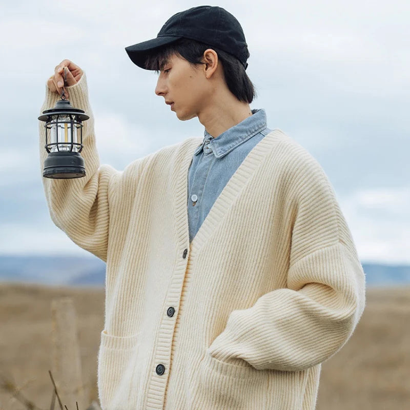 Textured Chunky-Knit Cardigan Jacket for Men Loose-Fit Japanese-Style Women Warm Knitwear Sweater