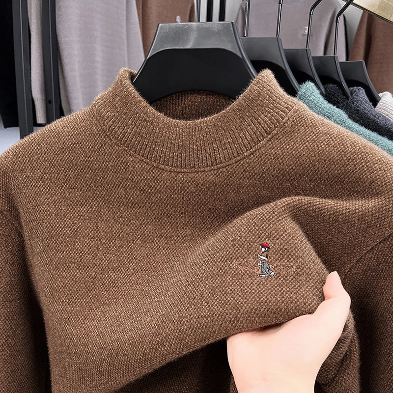 High end brand velvet warm sweater men's round neck top winter Korean luxury cartoon embroidery comfortable knitted pullover