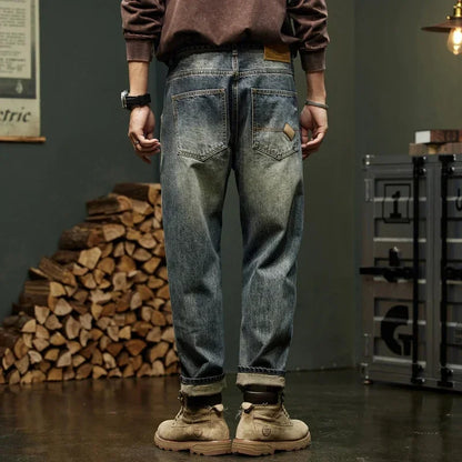 Trendy Men's Harem Pants, Fashionable Splicing Design, Retro Jeans, High Quality Men's Sports Loose Denim Brand Men's Clothing