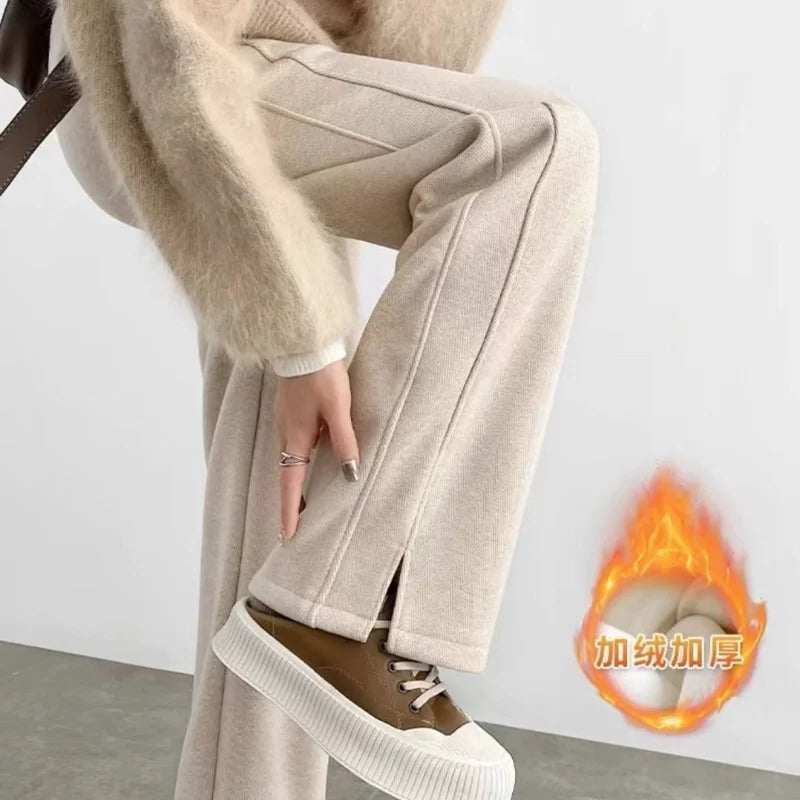 Herringbone Plus Velvet Wide-leg for Women New Style Woolen Slit Thickened Pants Straight and Casual Large Size