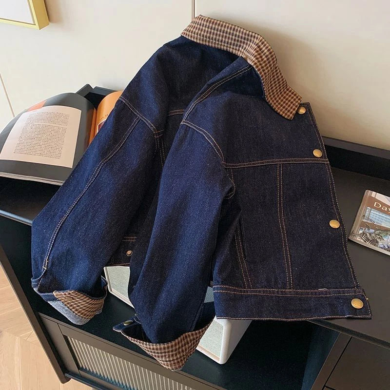 Women Vintage Denim Coat Fall Winter Plaid Patchwork Button Long Sleeve Jacket Loose Casual Simple Retro Streetwear New Jackets
