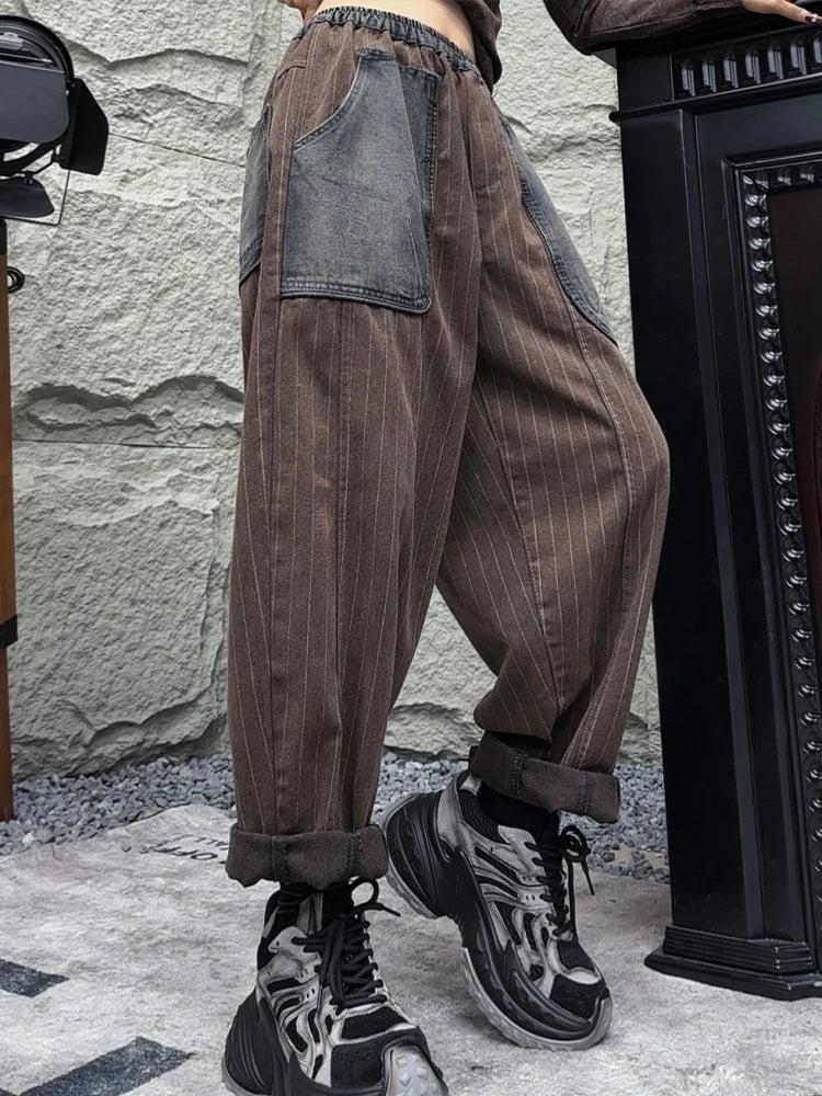 Amax LuluE 2025 Womens Fashion Winter Striped Jeans Loose Casual Denim Trousers Ladies Classic Vintage Elastic Waist Punk Pants