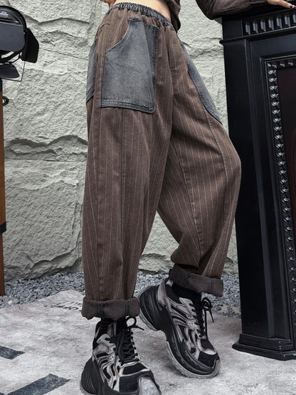 Amax LuluE 2025 Womens Fashion Winter Striped Jeans Loose Casual Denim Trousers Ladies Classic Vintage Elastic Waist Punk Pants