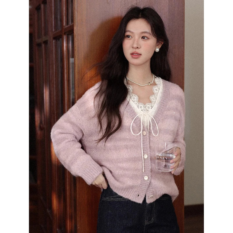 ALXNAN Women's Cardigans French Striped Patchwork V-neck Buttoned Placket Knitted Sweaters Autumn Sweet Casual Knitwear L58617