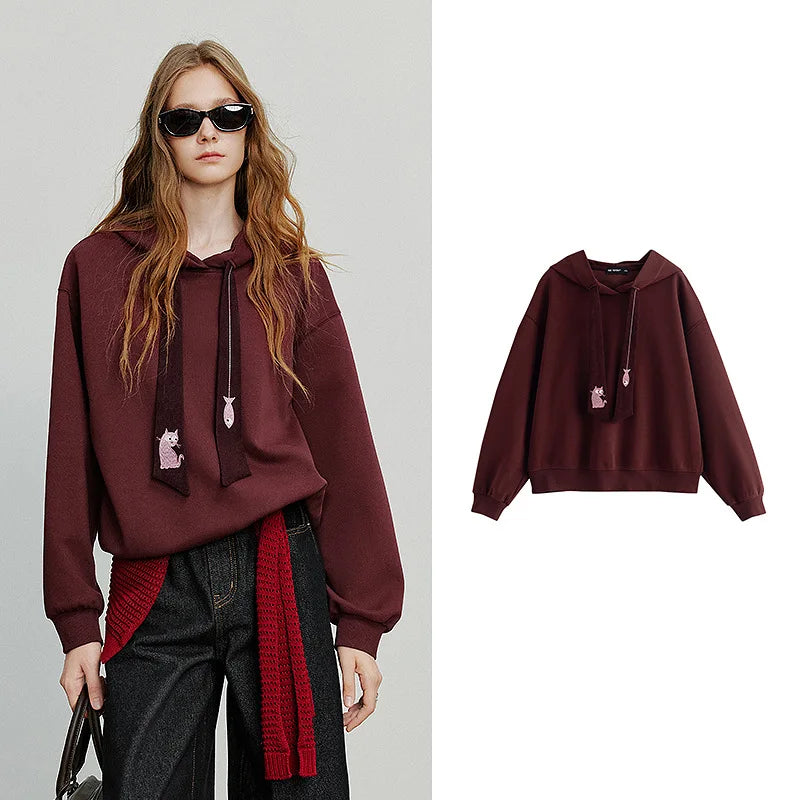 TOYOUTH Women Hoodies Sweatshirt 2025 Autumn New College Style Cat Embroidery Tie Cotton Hooded Pullover Tops