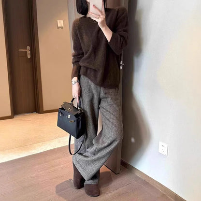 Grey woolen wide-leg pants women's autumn and winter warm woolen pants soft polished cashmere trousers