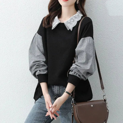 2025 Autumn New Women's Splicing Collar Hoodie Trendy Ins Loose Korean Spring and Autumn Thin Edition Outerwear Top Trendy