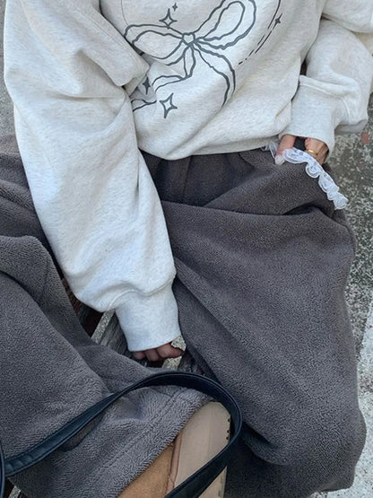 Winter Thick Women Pants Vintage Lace Patchwork Warm Casual Wide Leg Trouser Female Harajuku All Match Straight Sweatpants New