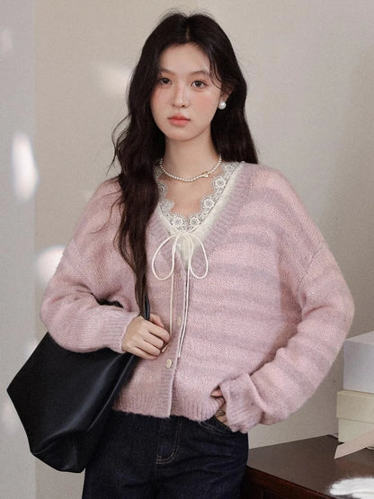 ALXNAN Women's Cardigans French Striped Patchwork V-neck Buttoned Placket Knitted Sweaters Autumn Sweet Casual Knitwear L58617