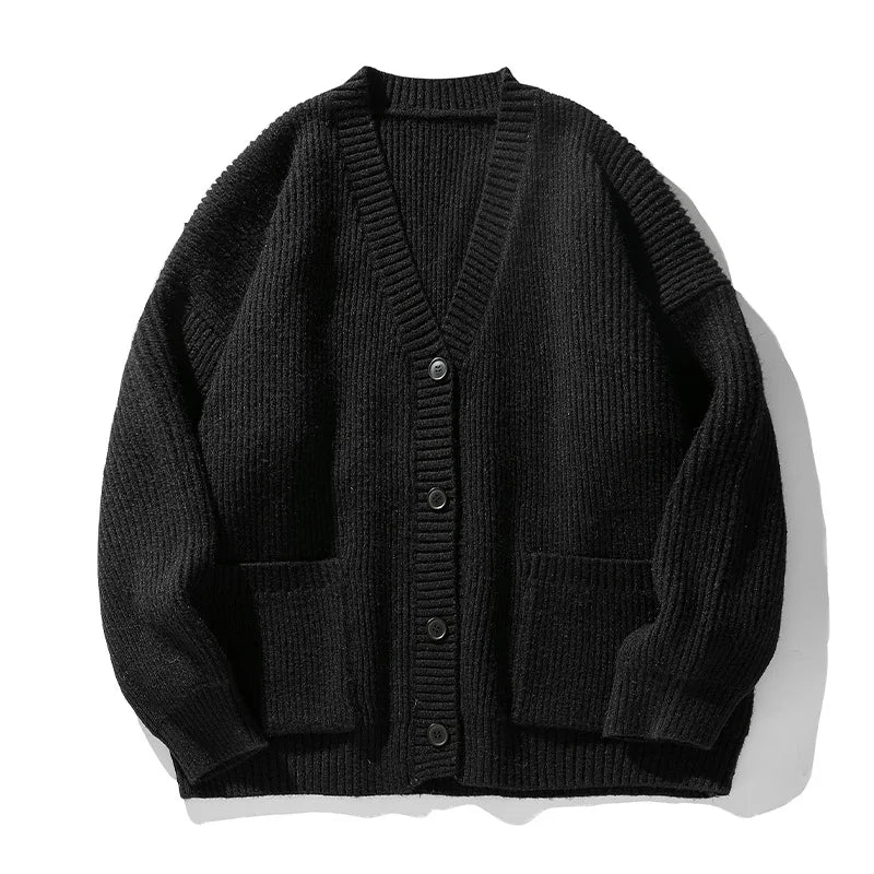 Textured Chunky-Knit Cardigan Jacket for Men Loose-Fit Japanese-Style Women Warm Knitwear Sweater