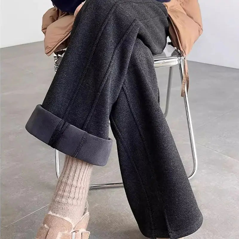 Herringbone Plus Velvet Wide-leg for Women New Style Woolen Slit Thickened Pants Straight and Casual Large Size