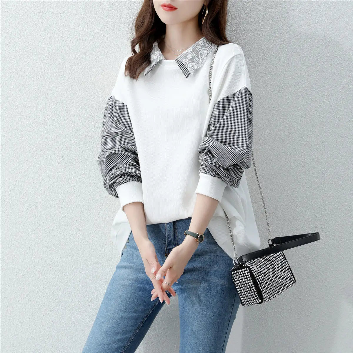 2025 Autumn New Women's Splicing Collar Hoodie Trendy Ins Loose Korean Spring and Autumn Thin Edition Outerwear Top Trendy