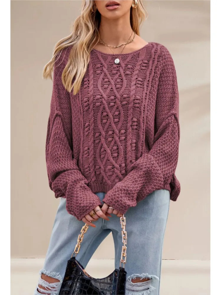 New Autumn And Winter Casual Long-sleeved Sweater Women's Round-neck Twisted Rope Hemp Loose Solid Color Pullover Knitted Top