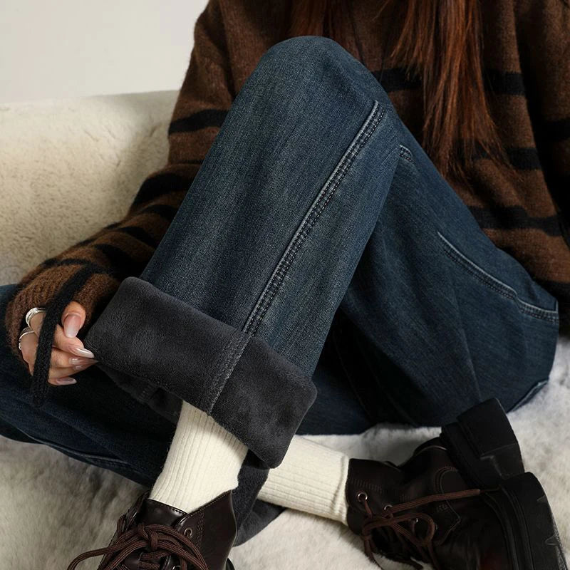 KSTUN Women’s Narrow Cut Wide Leg Jeans with Fleece High Waisted 2025 Winter Warm Jeans For Mom Straight Leg Thicken Trousers