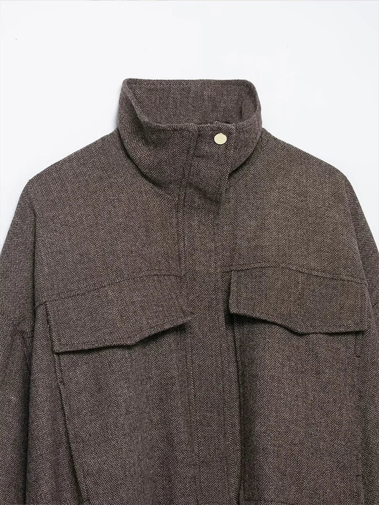 HH Women's Fashion Versatile Button Lapel Collar Long Sleeve Coat Female Zipper Solid Pocket Decoration Puffy Pilot Jacket