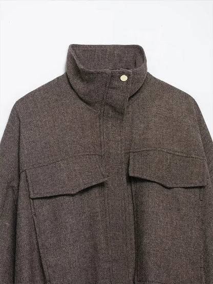 HH Women's Fashion Versatile Button Lapel Collar Long Sleeve Coat Female Zipper Solid Pocket Decoration Puffy Pilot Jacket