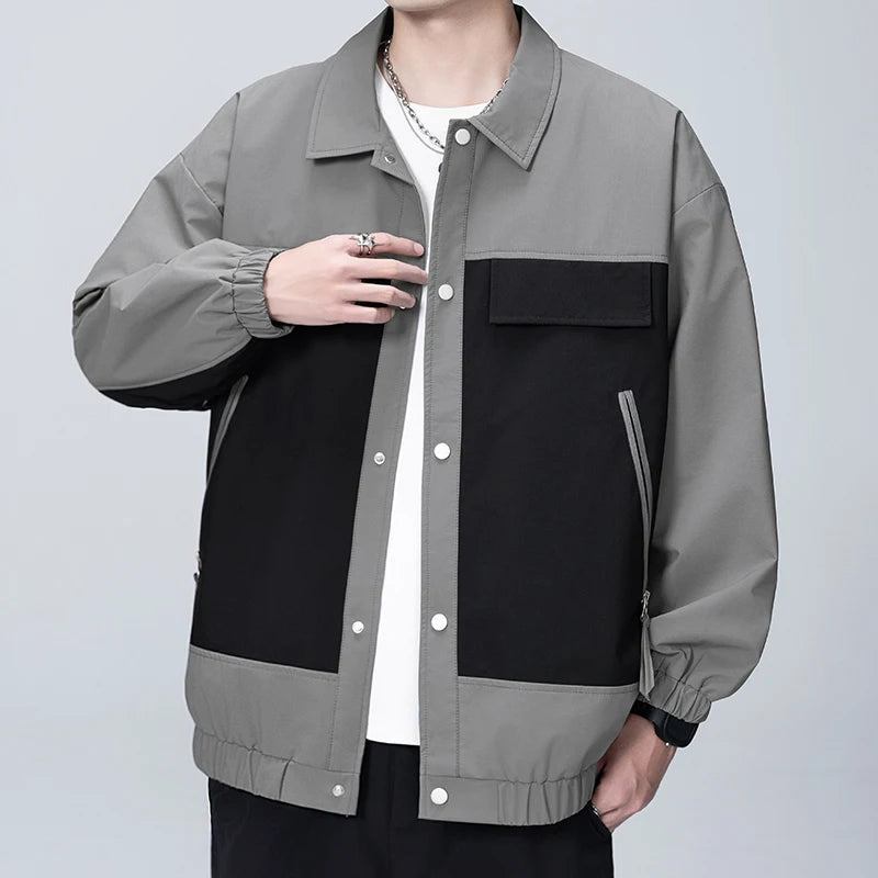 Zipper Pockets Button Long Sleeve Men's Cardigan Coats Casual Fashion Spring Autumn Contrast Color Turn-down Collar Tops