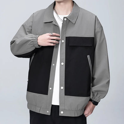 Zipper Pockets Button Long Sleeve Men's Cardigan Coats Casual Fashion Spring Autumn Contrast Color Turn-down Collar Tops
