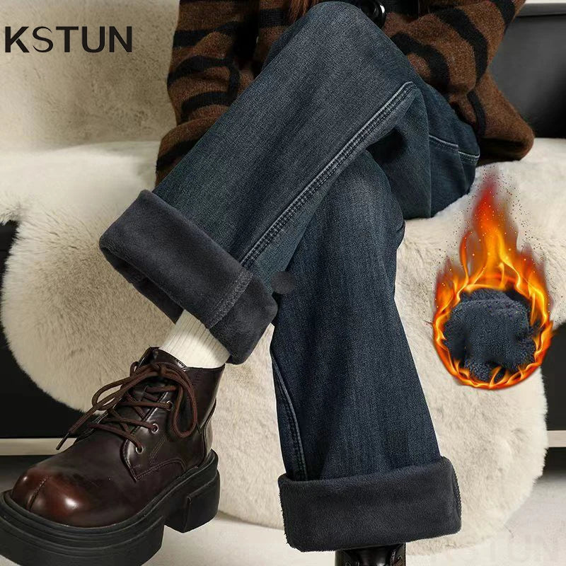 KSTUN Women’s Narrow Cut Wide Leg Jeans with Fleece High Waisted 2025 Winter Warm Jeans For Mom Straight Leg Thicken Trousers