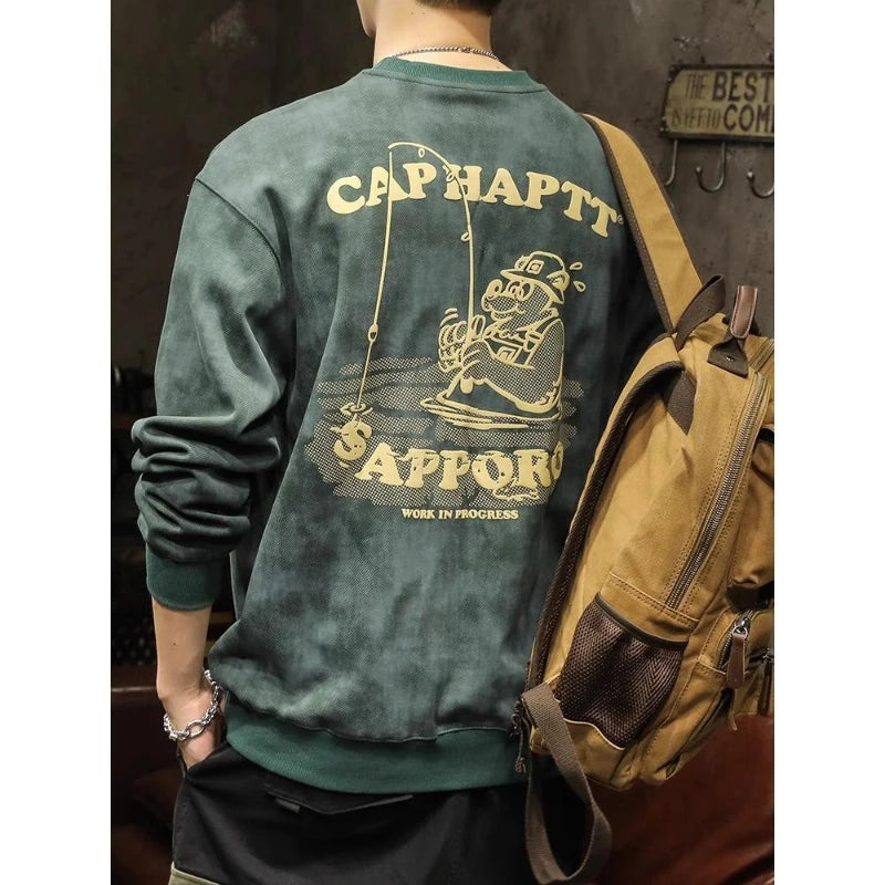 American Style Men Sweatshirts Sping Autumn New O-Neck Printing Labeling Streetwear Fashion Trend Long Sleeve LooseT-shirt Tops