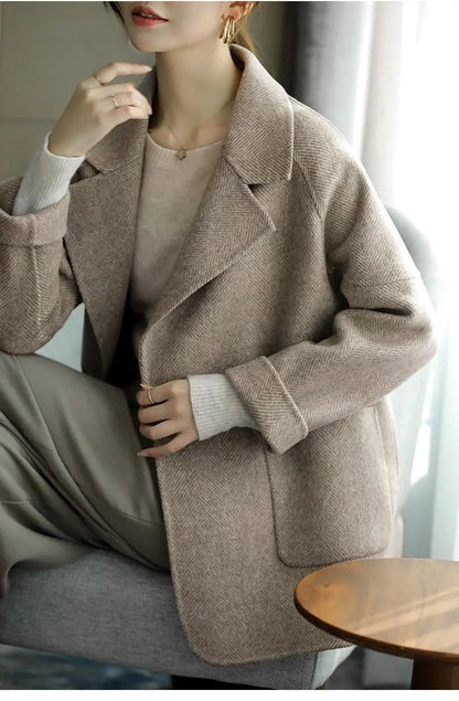 Herringbone Woolen Coat for Women Fashion High-end Thick Casual Thick High-end Jacket Trendy