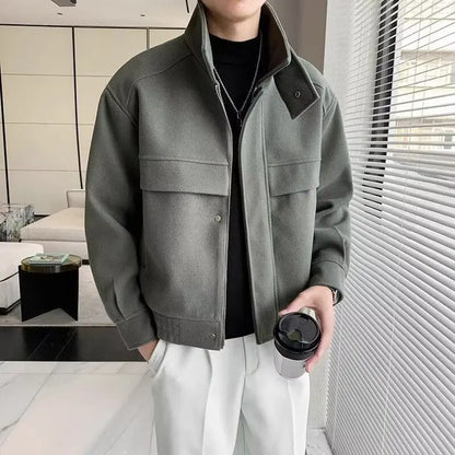 Handsome Wool Jacket Men's High-end Fashion Brand Stand Collar Trendy Autumn and Winter Short Korean Lapel Wool Top