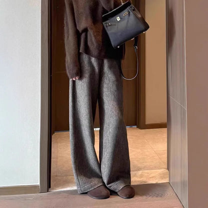 Grey woolen wide-leg pants women's autumn and winter warm woolen pants soft polished cashmere trousers