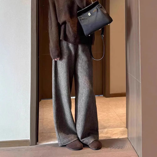 Grey woolen wide-leg pants women's autumn and winter warm woolen pants soft polished cashmere trousers