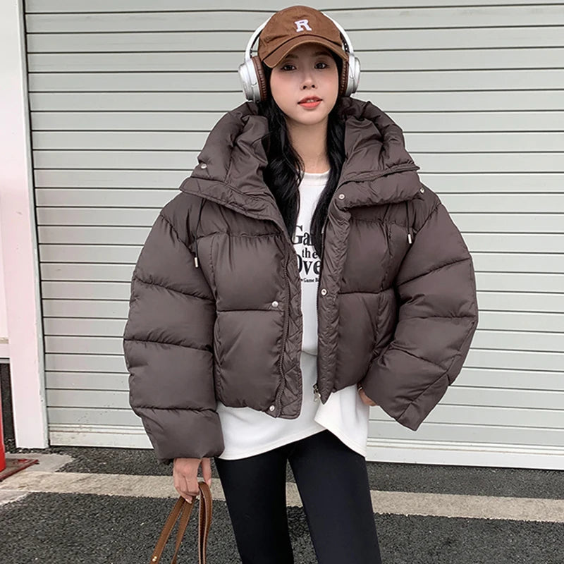 Women Winter Warm Puffy Coats Long Sleeve Casual Cropped Parkas Jacket Solid Hooded American Street Thick Outwear