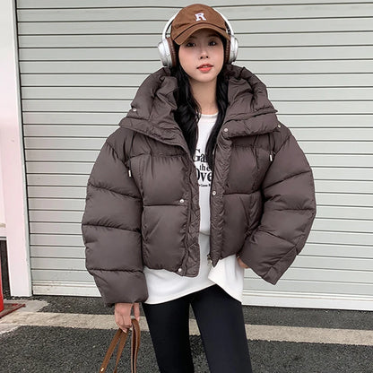 Women Winter Warm Puffy Coats Long Sleeve Casual Cropped Parkas Jacket Solid Hooded American Street Thick Outwear