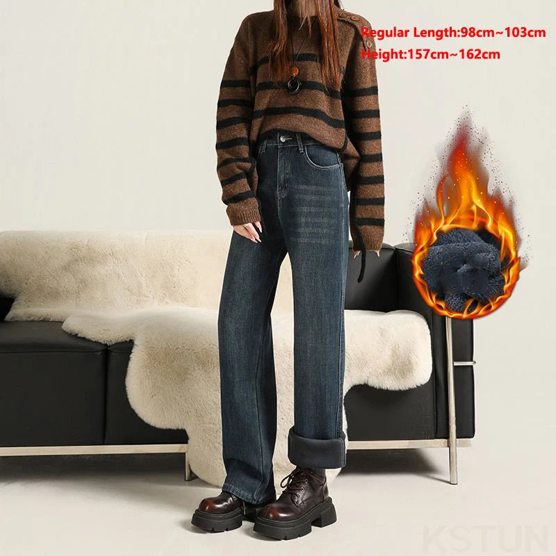 KSTUN Women’s Narrow Cut Wide Leg Jeans with Fleece High Waisted 2025 Winter Warm Jeans For Mom Straight Leg Thicken Trousers