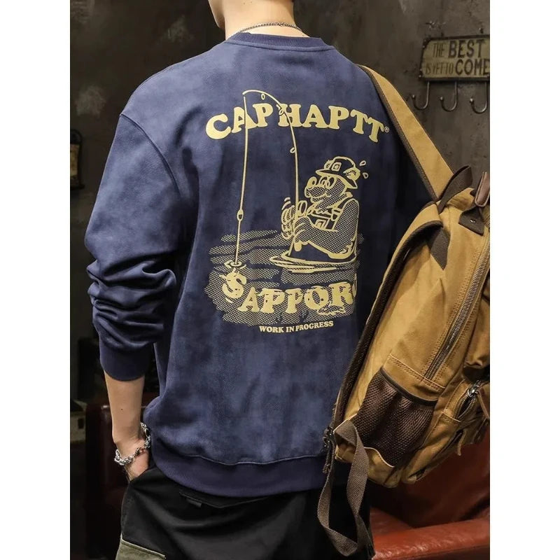 American Style Men Sweatshirts Sping Autumn New O-Neck Printing Labeling Streetwear Fashion Trend Long Sleeve LooseT-shirt Tops